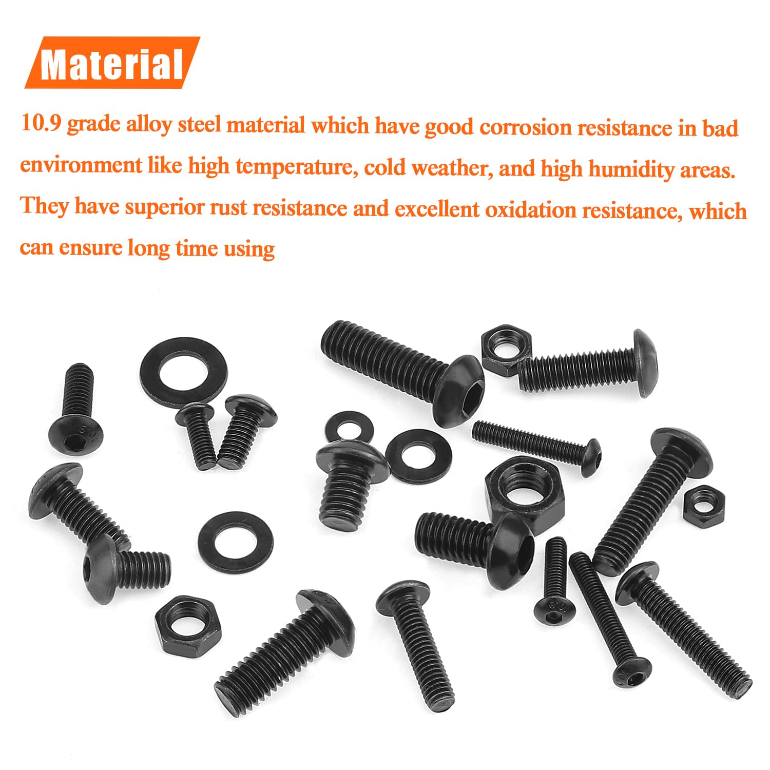 HELIFOUNER 810 Pieces M3 M4 M5 M6 Button Head Socket Cap Screws Bolts Washers Nuts Kit with Hex Wrenches, 10.9 Grade Alloy Steel, Full Threaded, Black
