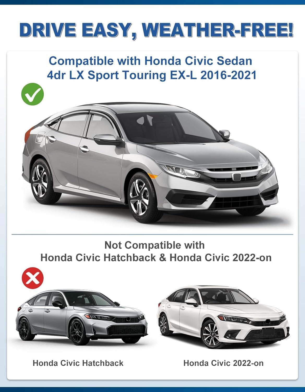 6pcs out-channel window rain guards fit for honda civic sedan 2016-2021, extra durable window visors vent visors vent shades wind deflector dark smoke car tape-on 6-pcs with thicker fit for 2016-2021 honda civic sedan 4dr lx