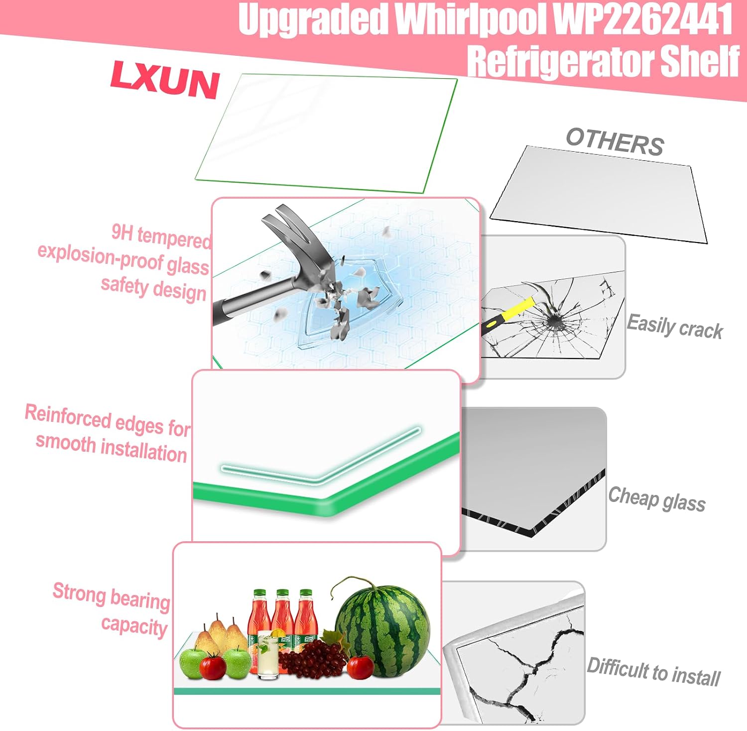 LXun Upgraded WP2262441 Refrigerator Glass Shelf Compatible with Kenmore Whirlpool Maytag Refrigerator Glass Shelf Insert Crisper Shelf, Replaces 2262441 2324035 1058206 for ER6AHKXSQ00 M8RXCGFXS04