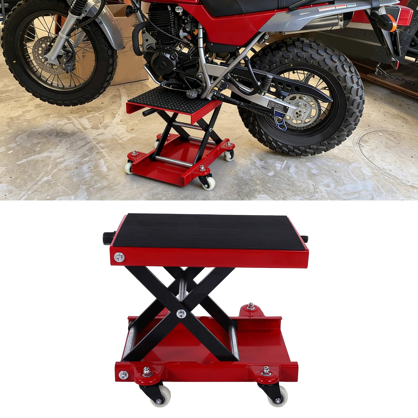 Akozon Gato Tijera para Moto 510kg de Capacidad, Rango de Elevación de 4,3 a 14,7 Pulgadas, Plataforma Ancha con 4 Ruedas para Motos Cruiser, Touring y Callejeras
