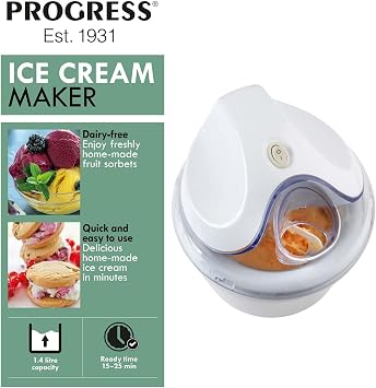 Progress EK4390P Electric Ice Cream Maker, Reusable Homemade Gelato Machine, Compact Sorbet and Frozen Yoghurt Maker, 1.4 L Freezing Bowl, Frozen Desserts in 15-25 Minutes, Transparent Viewing Window