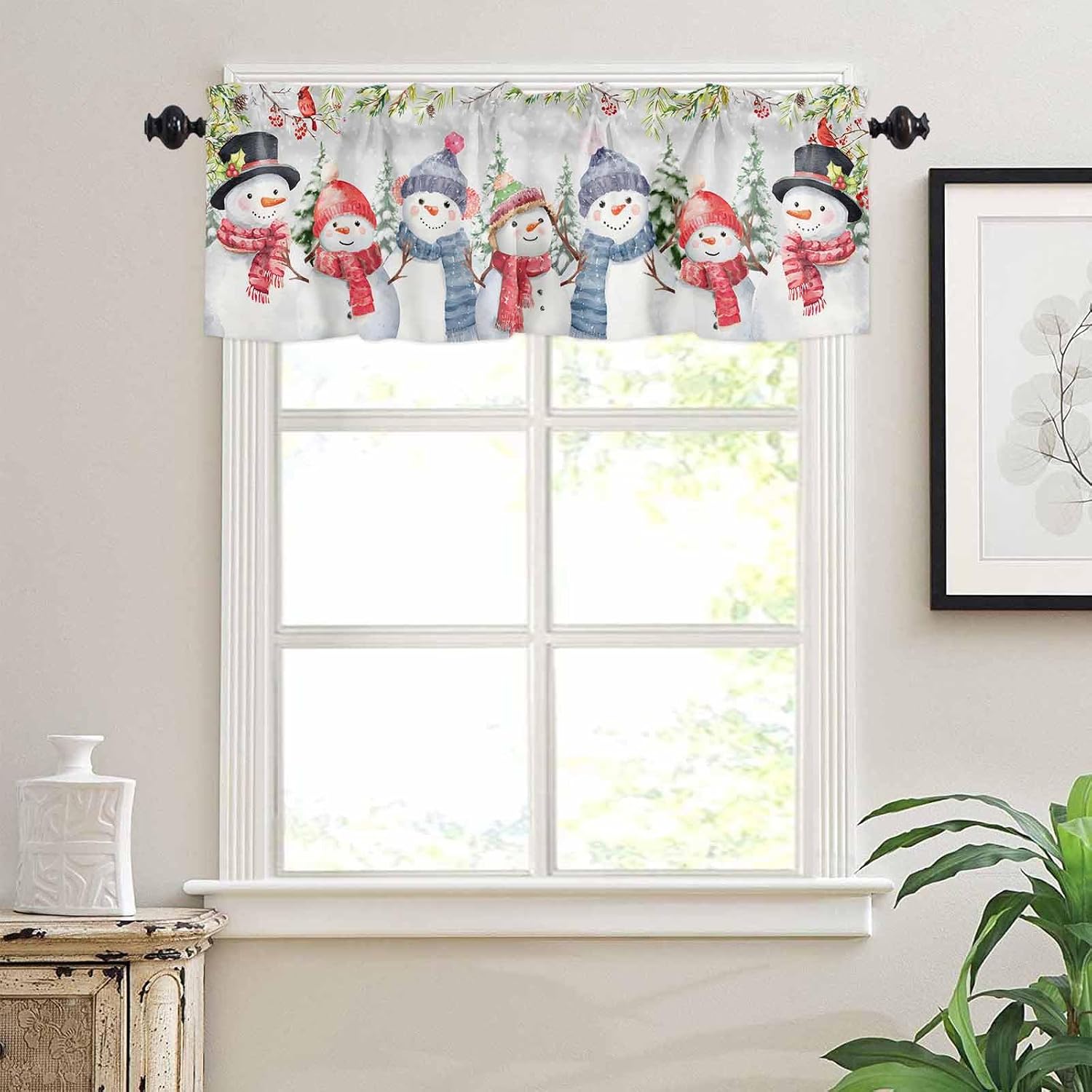 Kitchen Curtains Tiers and Valances Set, Christmas Snowman Rod Pocket Kitchen Curtain Set - Tier Curtains 36 Inch, Xmas Tree Birds Snowflake Merry Christmas Valances for Window Living Room