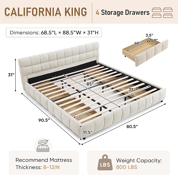 California King Cloud Bed Frame with Storage Drawers, Soft Padded Headboard Tufed Upholstered Low to Ground Floor Bed Marshmallow Bubble with Wood Slats No Box Spring Need, Noise-free(Beige Chenille)