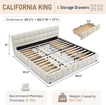 California King Cloud Bed Frame with Storage Drawers, Soft Padded Headboard Tufed Upholstered Low to Ground Floor Bed Marshmallow Bubble with Wood Slats No Box Spring Need, Noise-free(Beige Chenille)