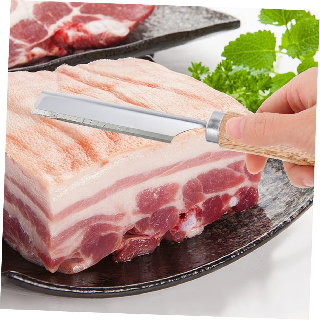 Cabilock 3pcs Stainless Steel Blades Holder with Wooden Handle for Pig Hair Scraping Hair Removing Clip for Kitchen Use and Easy Replacement of Blades