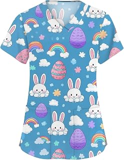 Easter Scrubs Tops For Women Bunny Rabbit Graphic Side Slit Nursing Uniforms V Neck Short Sleeve Nurse With Pockets