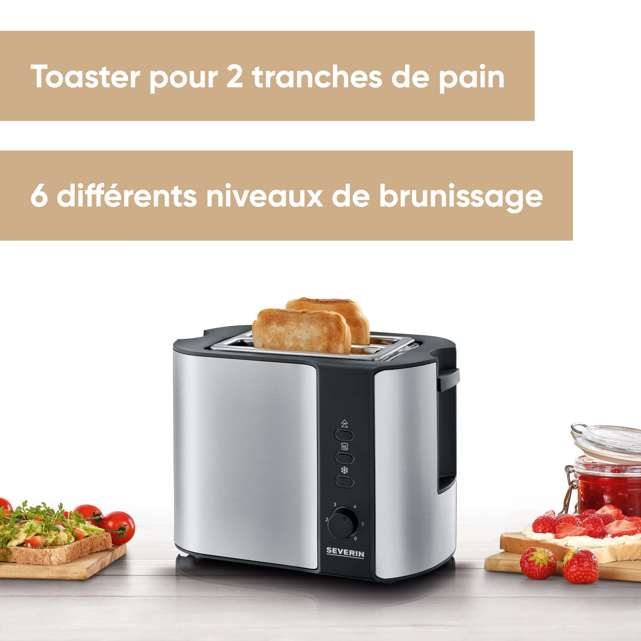 SEVERIN Grille-pain automatique 800 W, Toaster compact 2 fentes jusqu'à 2 tranches, Grille-pain électrique avec réglage du degré de brunissage & fonction décongélation, inox/noir, AT 2589