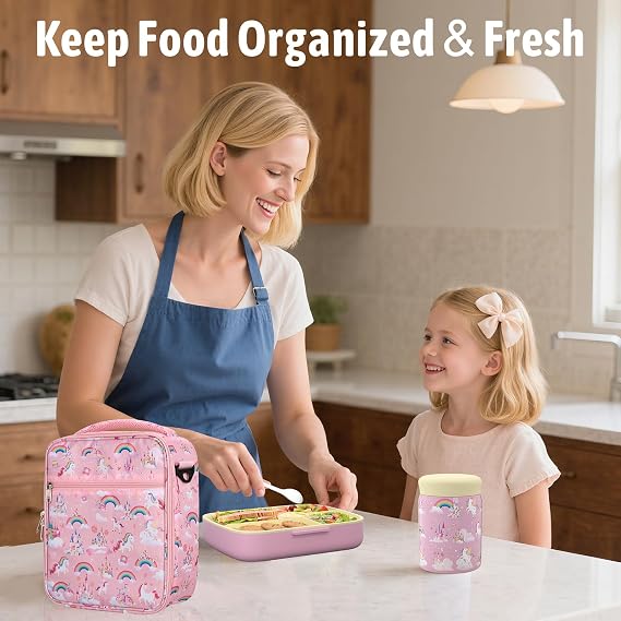 Kids Bento Lunch Box with Thermo Leak-Proof Snack Lunch Containers with Insulated Lunch Bag Utensils Set Back to School Supplies Gifts for Boys and Girls Toddlers Kindergarten Lunch Accessories Pink