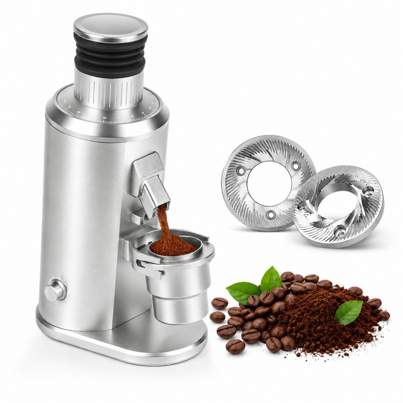 Molinillo Café Profesional para Espresso, Molinillo de Café de Muelas Planas 80mm con Fuelle, Baja Retención, Antiestático, Salida Magnética y Vaso Dosificador Silver