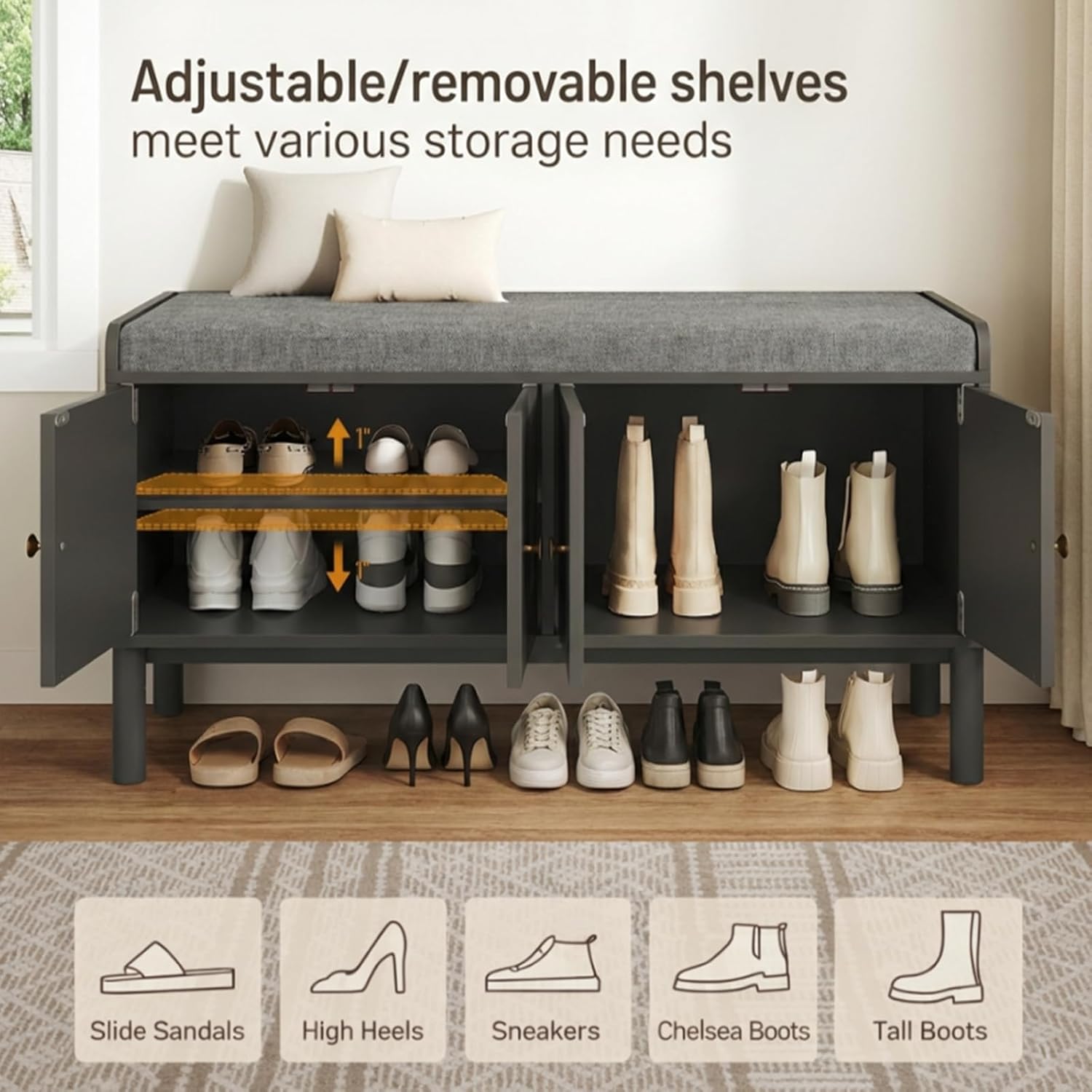 Shoe Storage Bench, 2-Tier Entryway Bench with Cushion, 15" D x 39.4" W x 19.7" H, Shoe Cabinet Bench with 4 Doors and Adjustable Shelves, for Entryway, Hallway, Bedroom, Living Room, Black