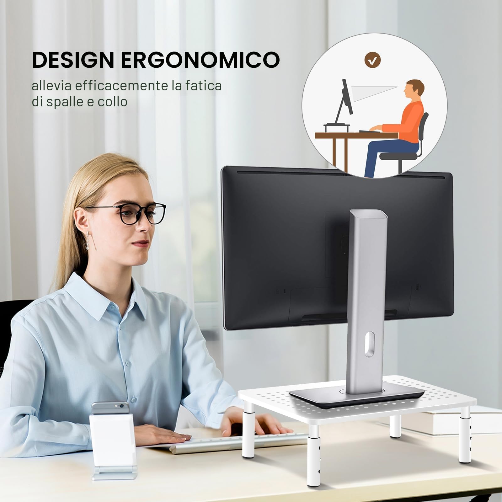 suptek supporto per monitor Rialzo per monitor regolabile in altezza per computer, PC, laptop, stampanti fino a 20 kg Rialzo per monitor in metallo salvaspazio con piattaforma di ventilazione, bianco