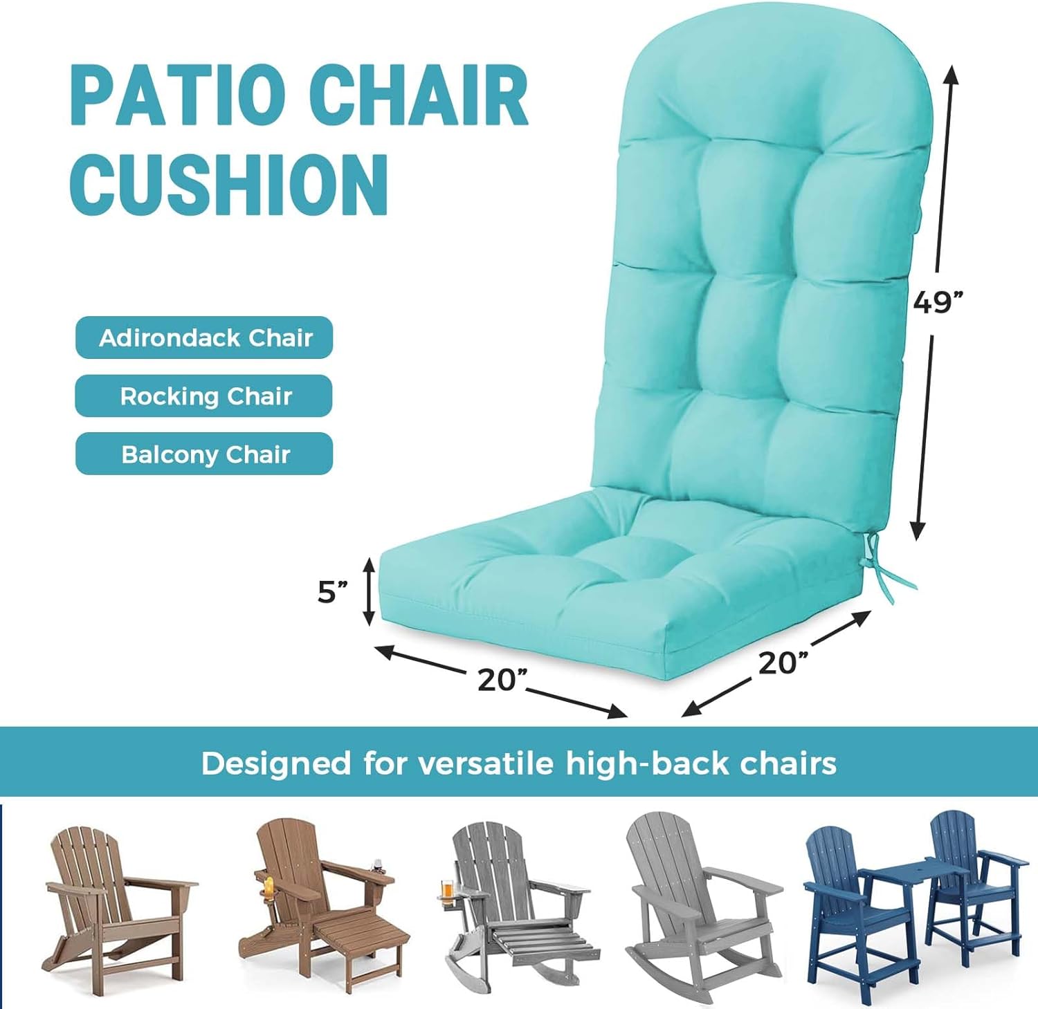 Patio Chair Cushions Large Size High Back Thicked Chair Pad Adirondack Chair Cushion, Waterproof and Fade- Resistant Patio Cushion Throw Chair Cushions Outdoor and Indoor,49x20x5 Inch (Lake Blue)