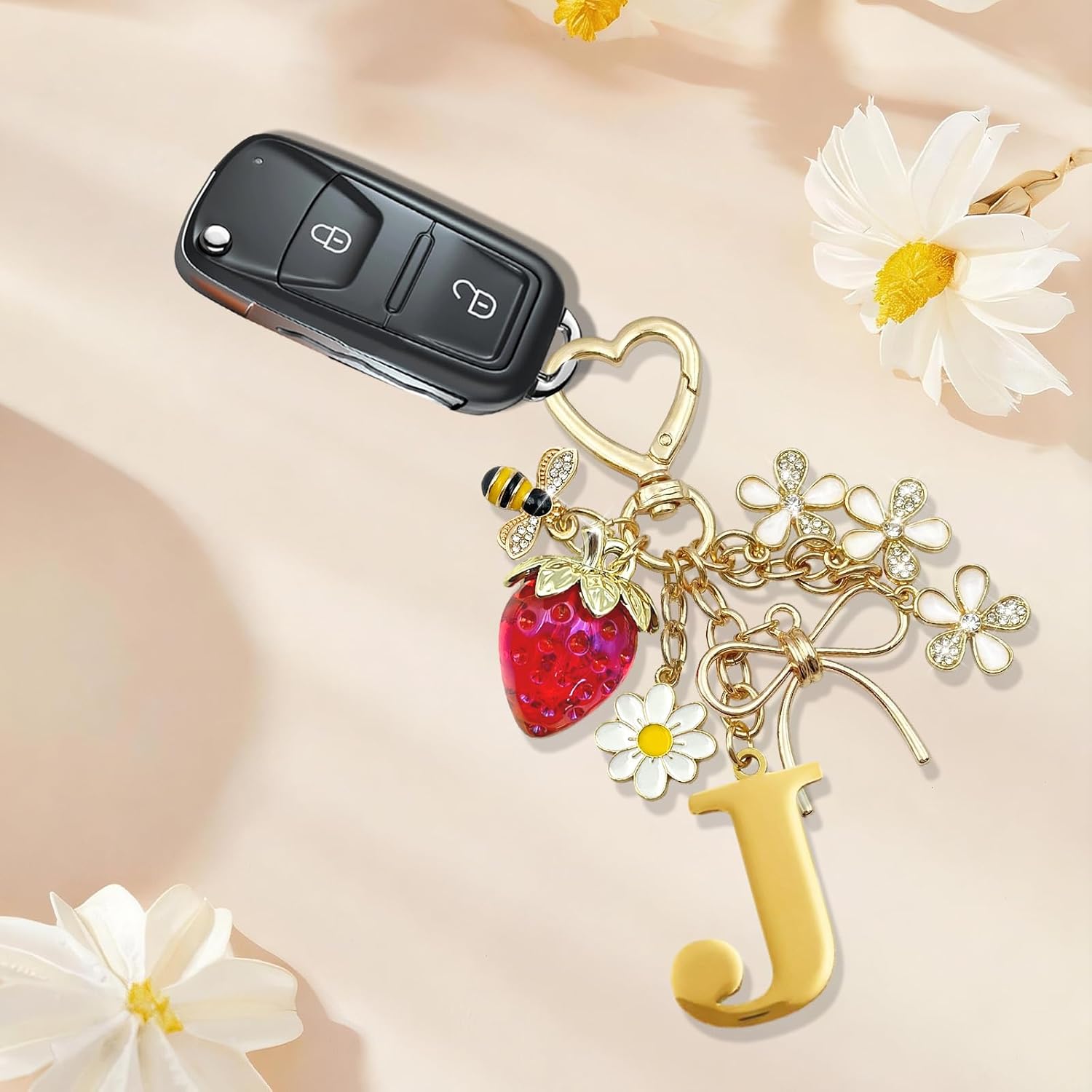 Gold Letter Bubble Initial Keychain with Bow & Cherry Strawberry- Bag Charms Handbag Accessories