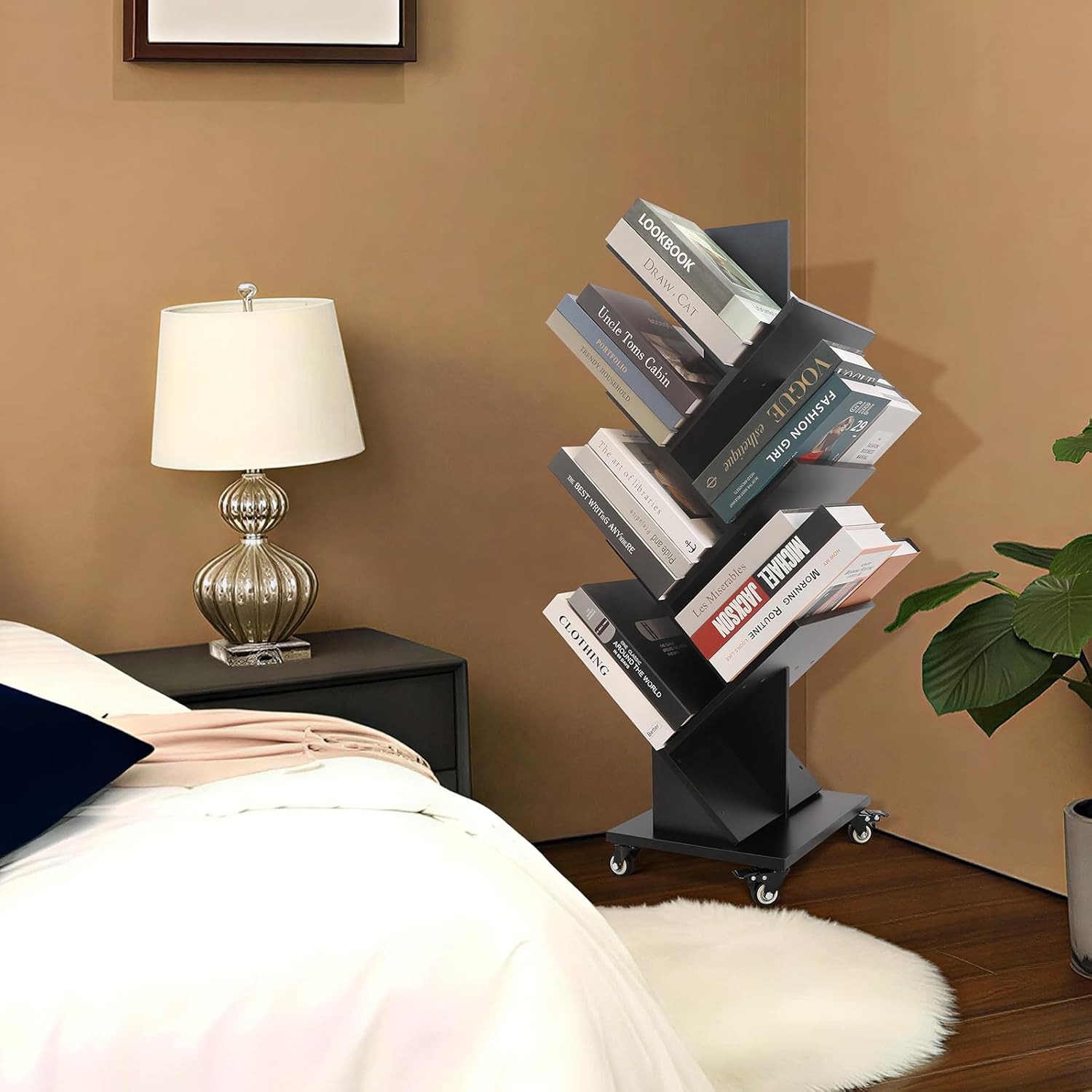 Homaterial 360°Rotating Tree Bookshelf - 7 Tier Space Saving Bookshelf, Corner Shelf for Small Spaces Black