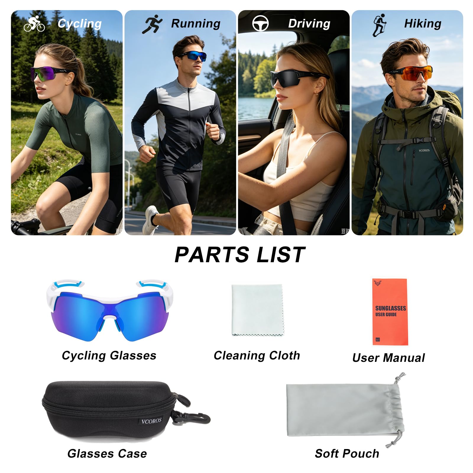 VCOROS Lunette de Cyclisme JN007 Lunettes velo Homme Femme Protection UV400 Monture TR90 Lunette de Soleil Sport pour Cyclisme Moto Pêche Conduire