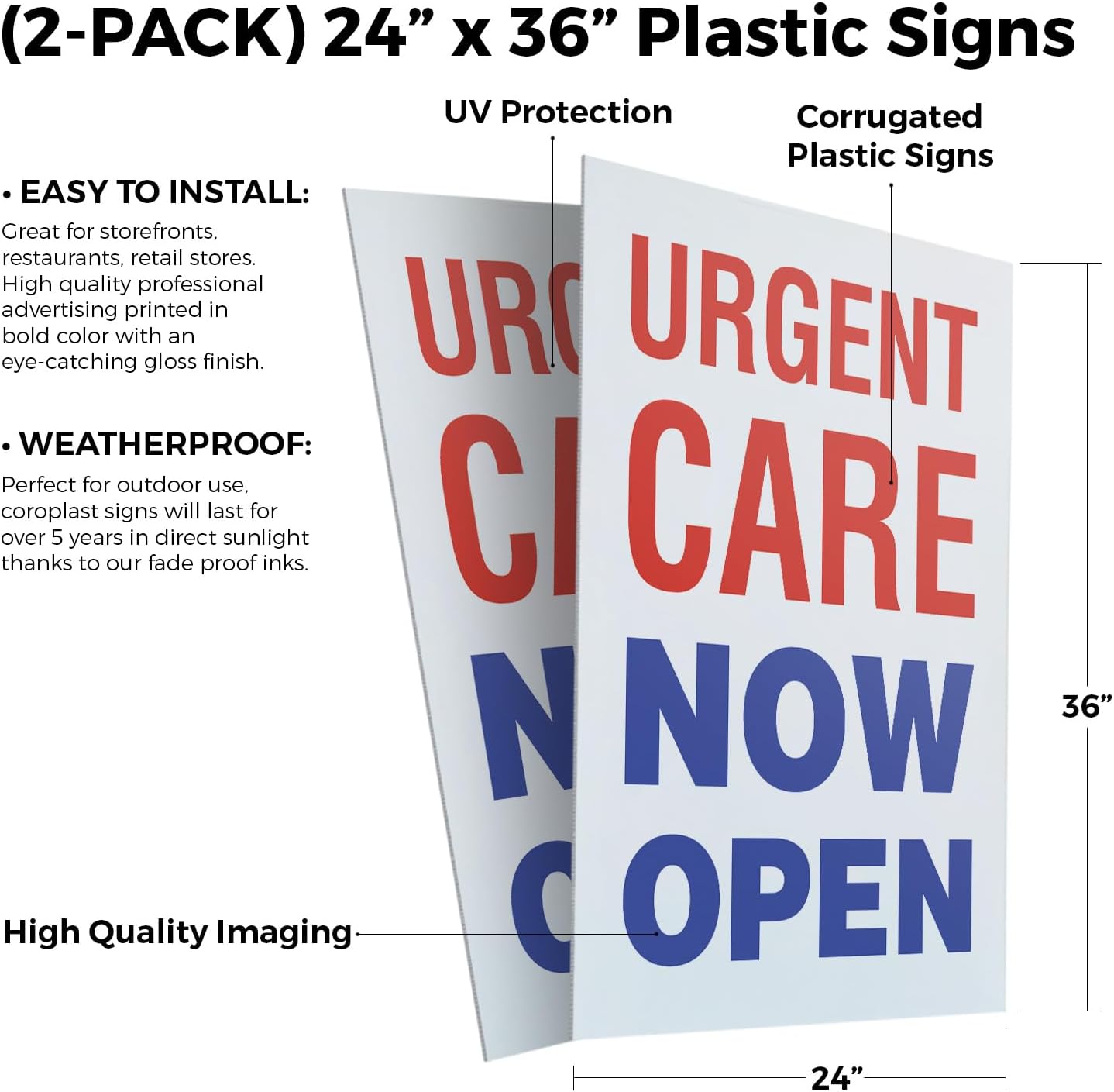 Urgent Care Now Open (2-Pack) 24 Inch x 36 Inch Plastic Signs | Sign Insert 4mm Corrugated Plastic Signs Storefront Window Poster | Medical Services, Professional Care, Clear Signage | Made in USA