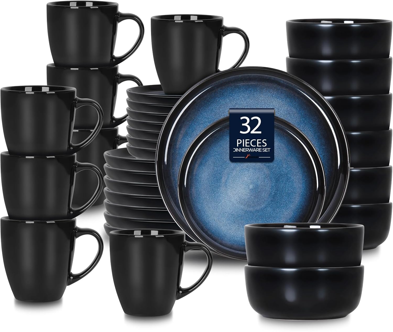Romswi Dinnerware Set for 8, 32Pcs Stoneware Plates and Bowls Sets with Mugs, Chip & Scratch Resistant Dish Set, Handmade Reactive Glaze, Oven,Microwave and Dishwasher Safe, Dreamy Moonlight-Blue