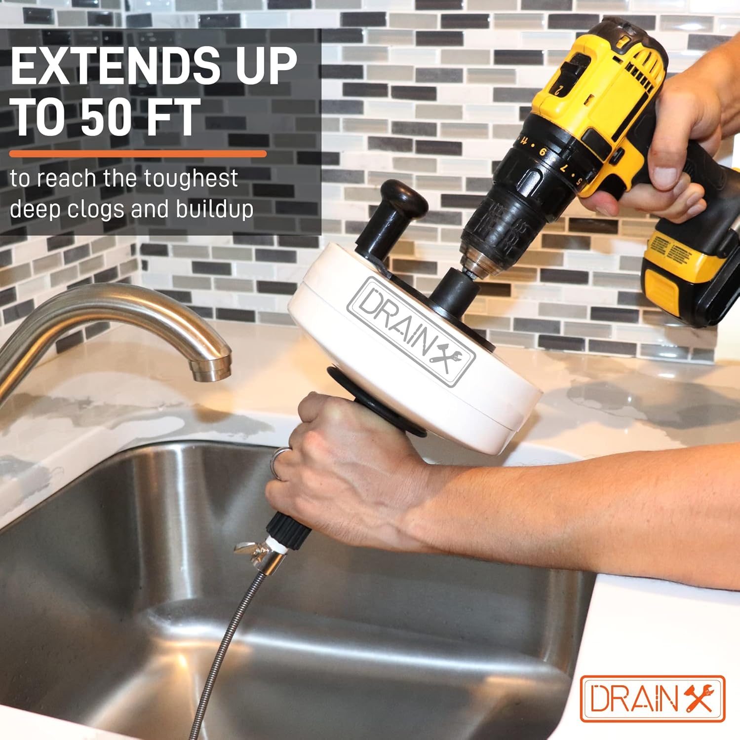 DrainX Power Pro 50-FT Steel Drum Auger Plumbing Snake with Drill Attachment | Drain Snake for Manual or Powered Use | Heavy Duty Drain Cleaning Cable with Work Gloves and Storage Bag Included