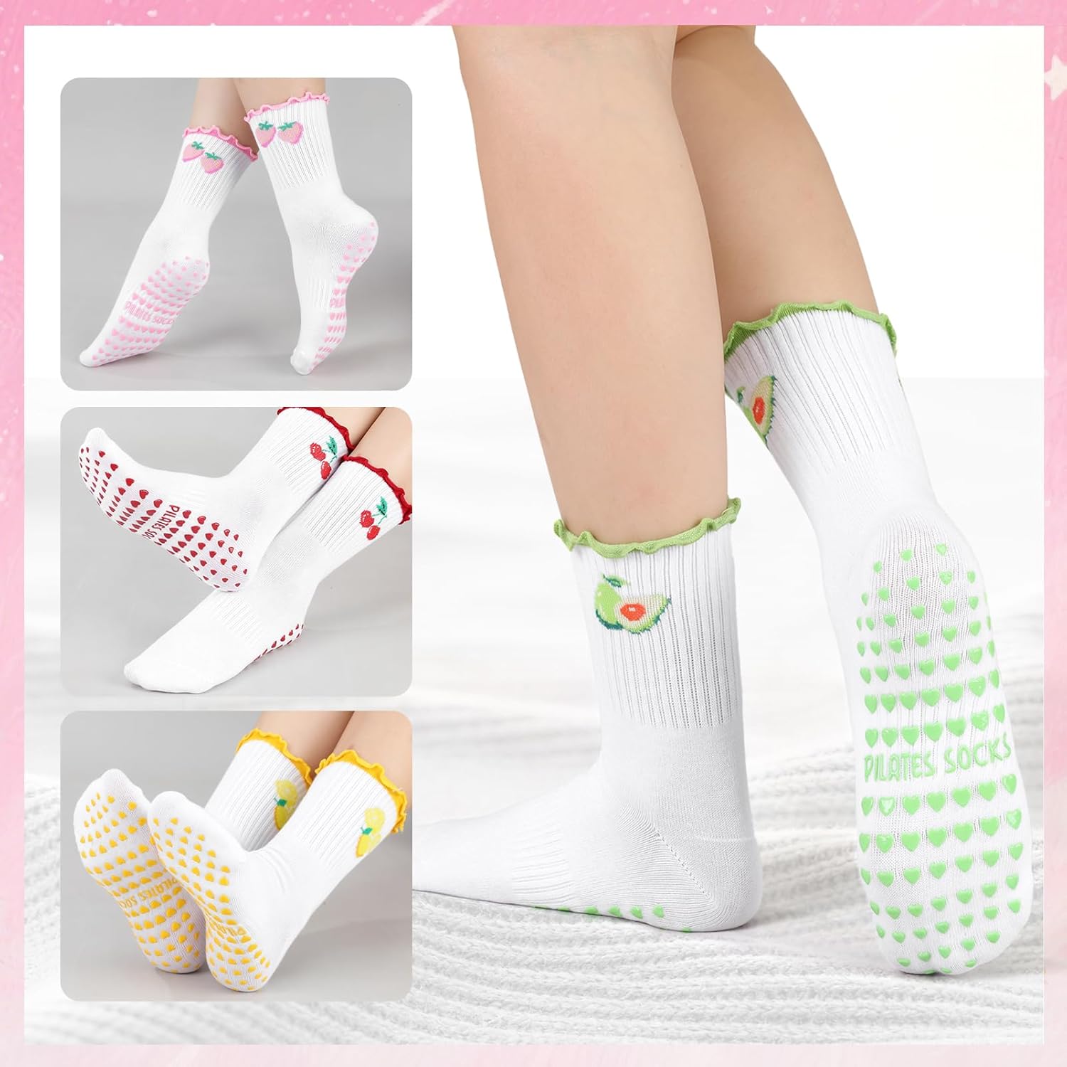 4 Pairs Cute Pilates Socks with Grip for Women Cotton Fruit Grippy Yoga Socks Ruffle Cuff Non Slip Crew Sock for Workout Athletic Hospital Ballet - Image 2