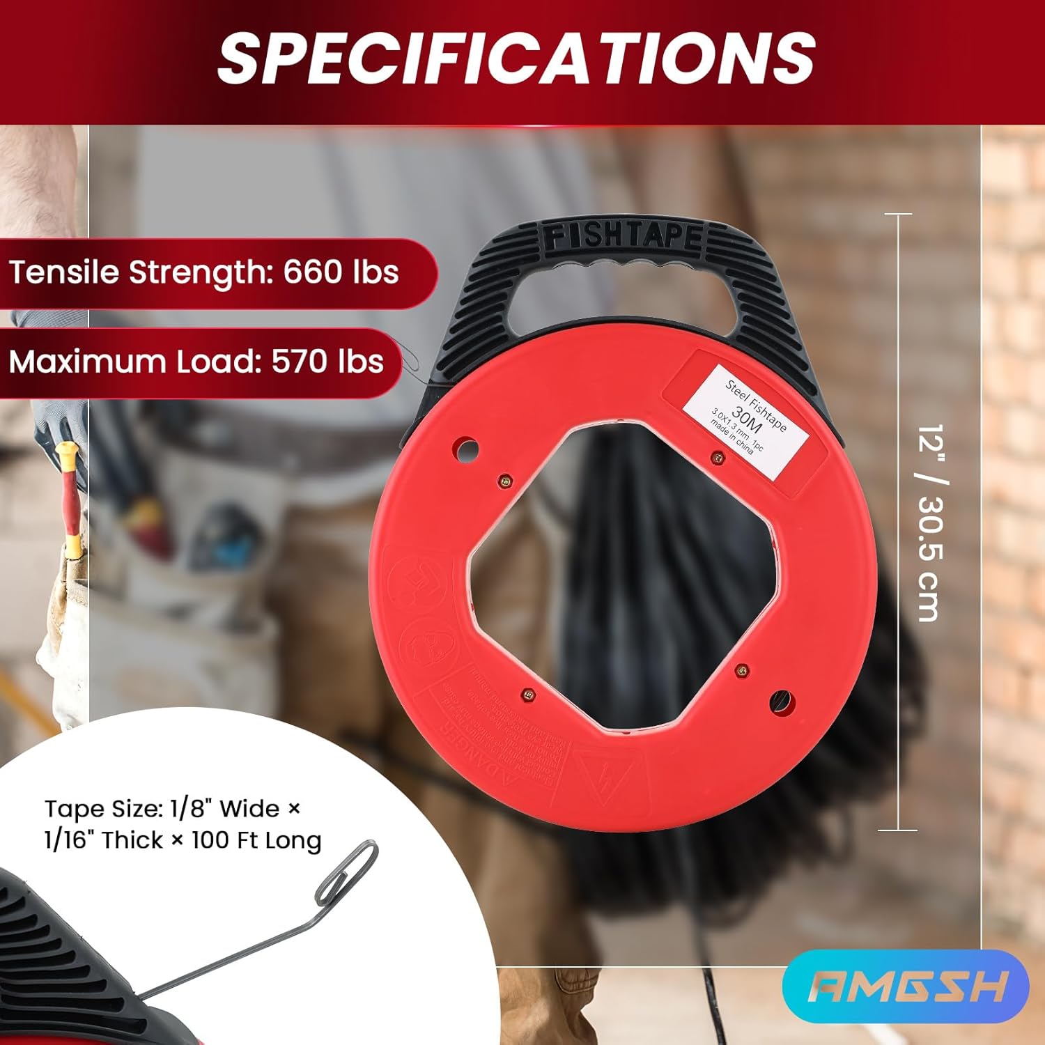 100 Feet Steel Fish Tape with Red Plastic Housing – Heavy Duty, Rust-Free, Retractable Wire Fish Tape Reel for Conduit, Drywall, and Insulated Walls