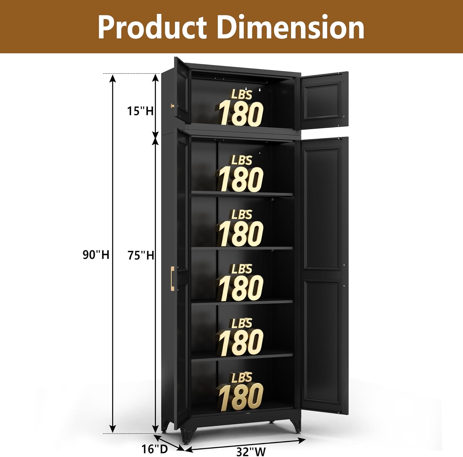 Polup Kitchen Pantry Cabinet, Metal Food Pantry cabinets with Doors and Shelves, 90" Tall Storage Cabinet for Dining, Living Room, Black, 16" D x 32" W x 90" H, Assembly Required