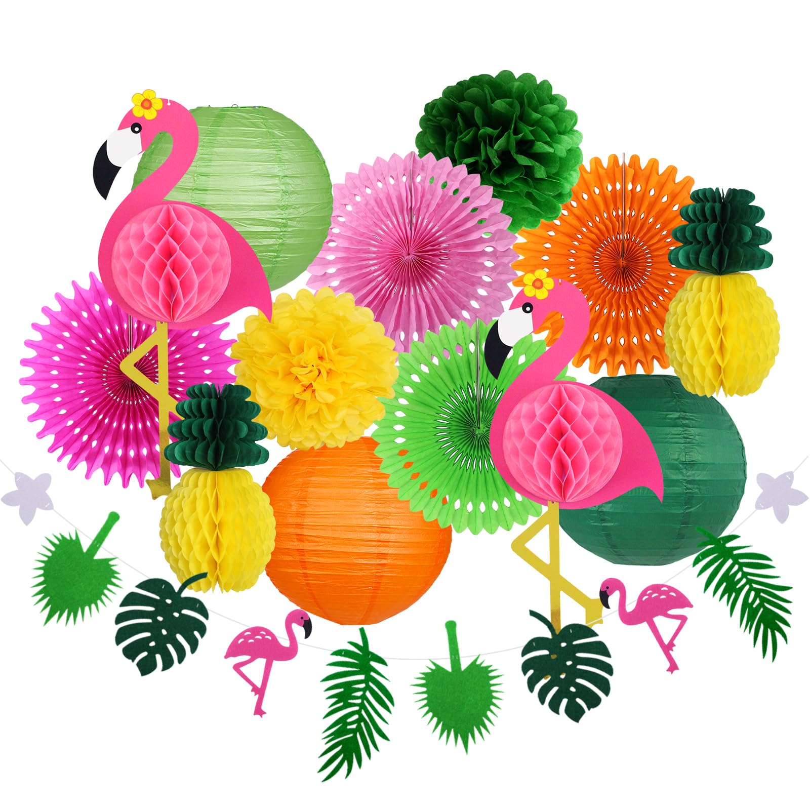 Yuxiou Flamingo Party Decorations Hawaiian Garland Flamingo and Pineapple Honeycomb Decorations Paper Lanterns Fans Pom poms Flowers for Birthday Luau Tropical Bachelorette Party
