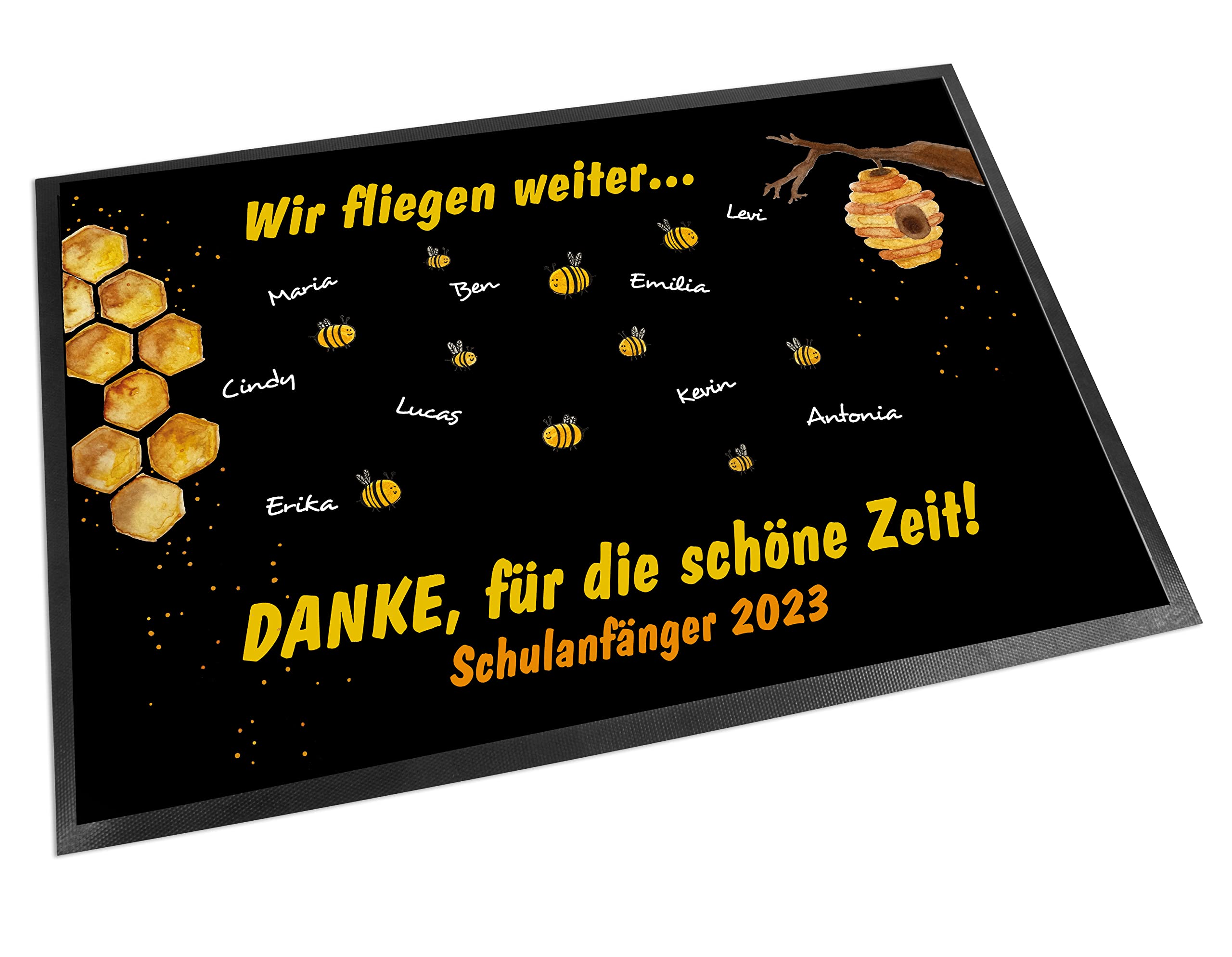 Fußmatte Kita Abschiedsgeschenk Motiv mit Namen und Text personalisiert- Erzieherin, Lehrer, Kindergarten, Schulanfang, Geschenk, Teppich, Fußabtreter, Vorleger (105 x 70 cm) Bienen