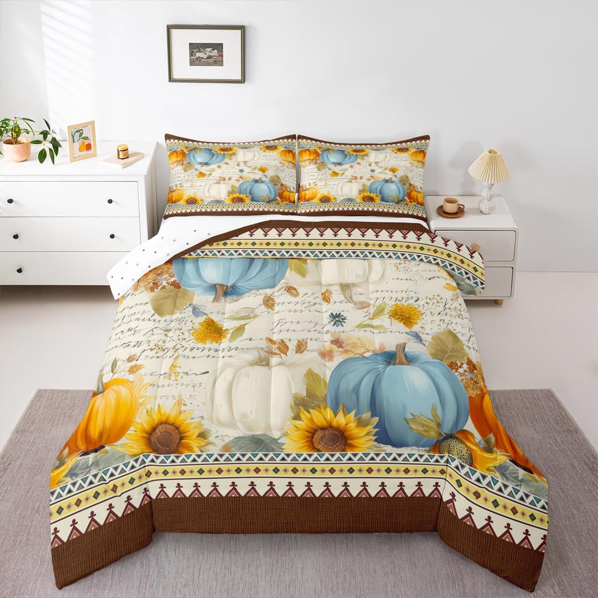 Erosebridal Pumpkin Comforter Set King Size Thanksgiving Day Gifts Bedding Autumn Harvest Bedding Comforter Sets Farm Maple Leaf Pumpkin Sunflower Duvet Insert Happy Fall Y'all Fall Season Quilt