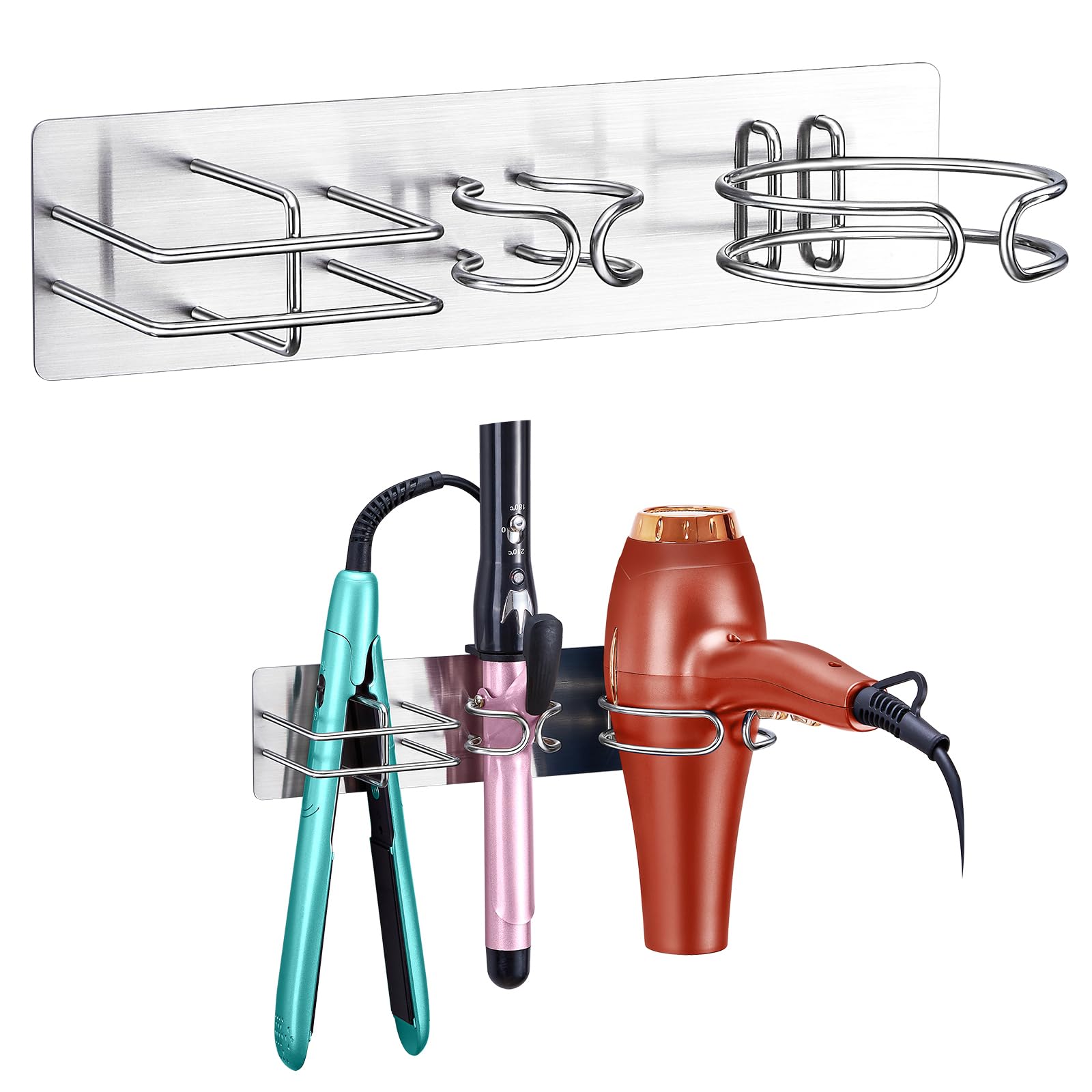 YYBO Porta Phon da Muro, 3 in 1 Supporto per Asciugacapelli, Piastra Capelli, Ferro Arricciacapelli, Metallo Porta Asciugacapelli e Piastra Adesivo (Argento)