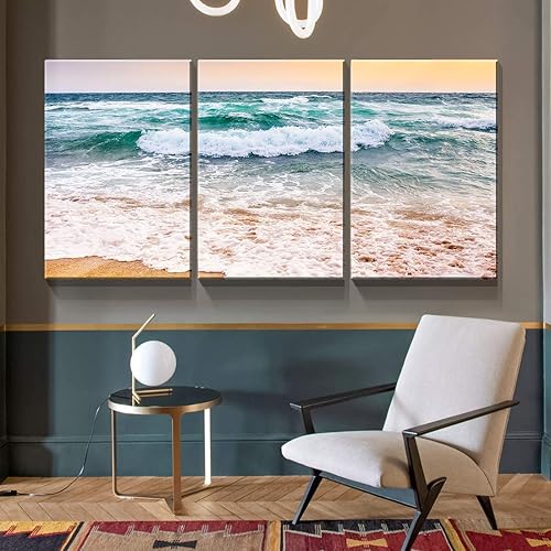 Miniatura 20 de Denozer - Lienzo decorativo de 3 paneles para decoración del hogar, mar azul, puesta de sol, blanco, playa, pintura, impresión sobre lienzo, paisaje