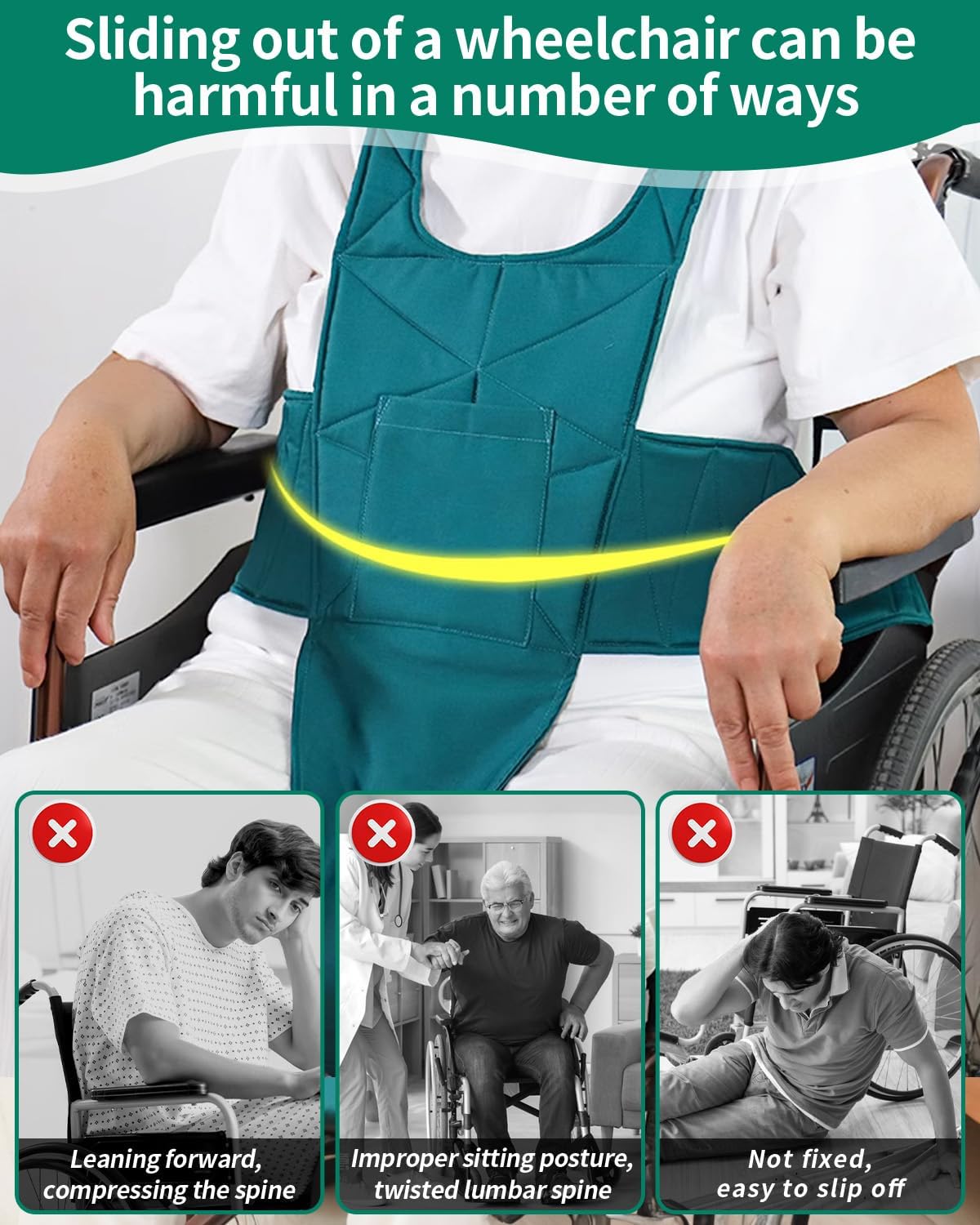 Wheelchair Safety Seat Belt - Anti-Fall Wheelchair Harness, Medical Restraint Straps, Universal Seating Accessory Suitable for Adults, Suitable for Nursing Paralyzed Patients and Disabled (Green)