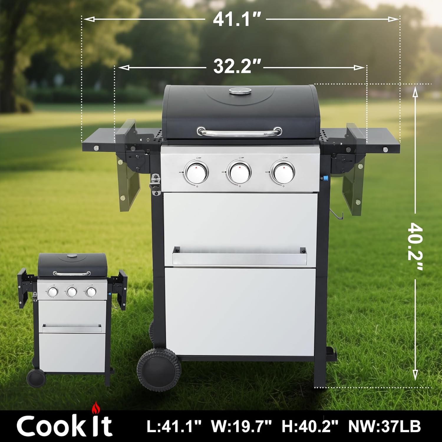 3-Burner Propane Gas Grill with 30,000 BTU Output - Easy-Clean Grease Management & Even Heat Distribution for Perfect BBQs (3-Burner)