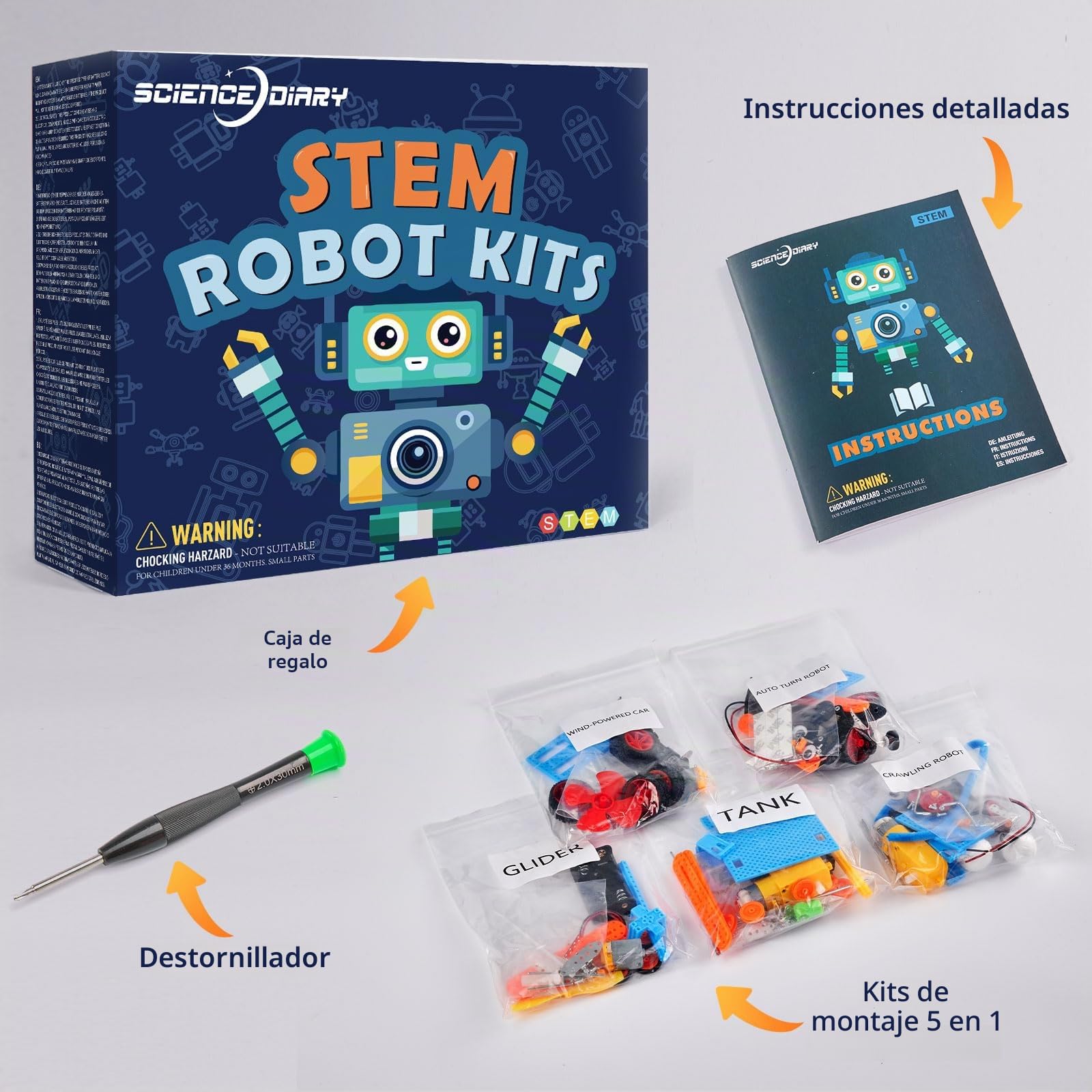 STEM - Kit de construcción de robot para niños - Conjunto de manualidades de experimentos de ingeniería con motor y herramientas, juguetes de aprendizaje para actividades de