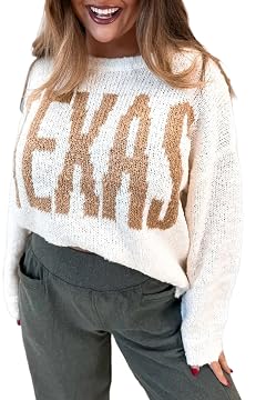 Apvirdy Womens Texas Letter Print Sweater Casual Loose Crewneck Long Sleeve Lightweight Knit Sweater Drop Shoulder Pullover