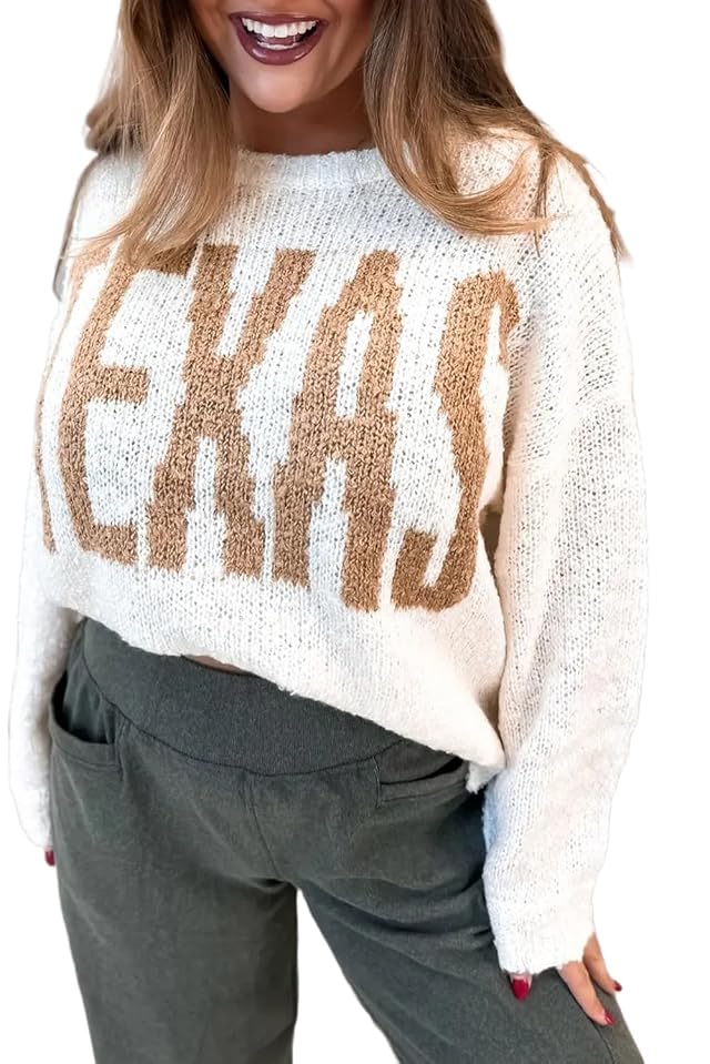 Apvirdy Womens Texas Letter Print Sweater Casual Loose Crewneck Long Sleeve Lightweight Knit Sweater Drop Shoulder Pullover