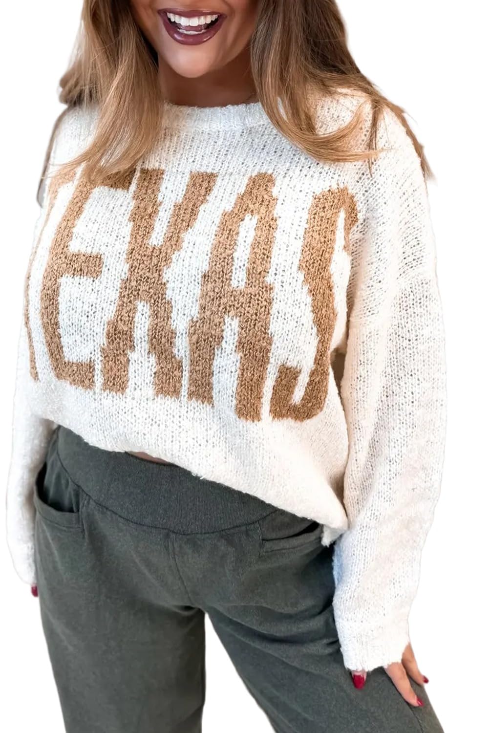 Apvirdy Womens Texas Letter Print Sweater Casual Loose Crewneck Long Sleeve Lightweight Knit Sweater Drop Shoulder Pullover