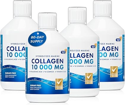 Swedish Nutra 10,000 mg Liquid Marine Collagen, 4 x 500 ml, 80 Day | Sugar-free hydrolysed peptides to minimise fine lines & wrinkles and boost skin elasticity; 100% natural berry flavour