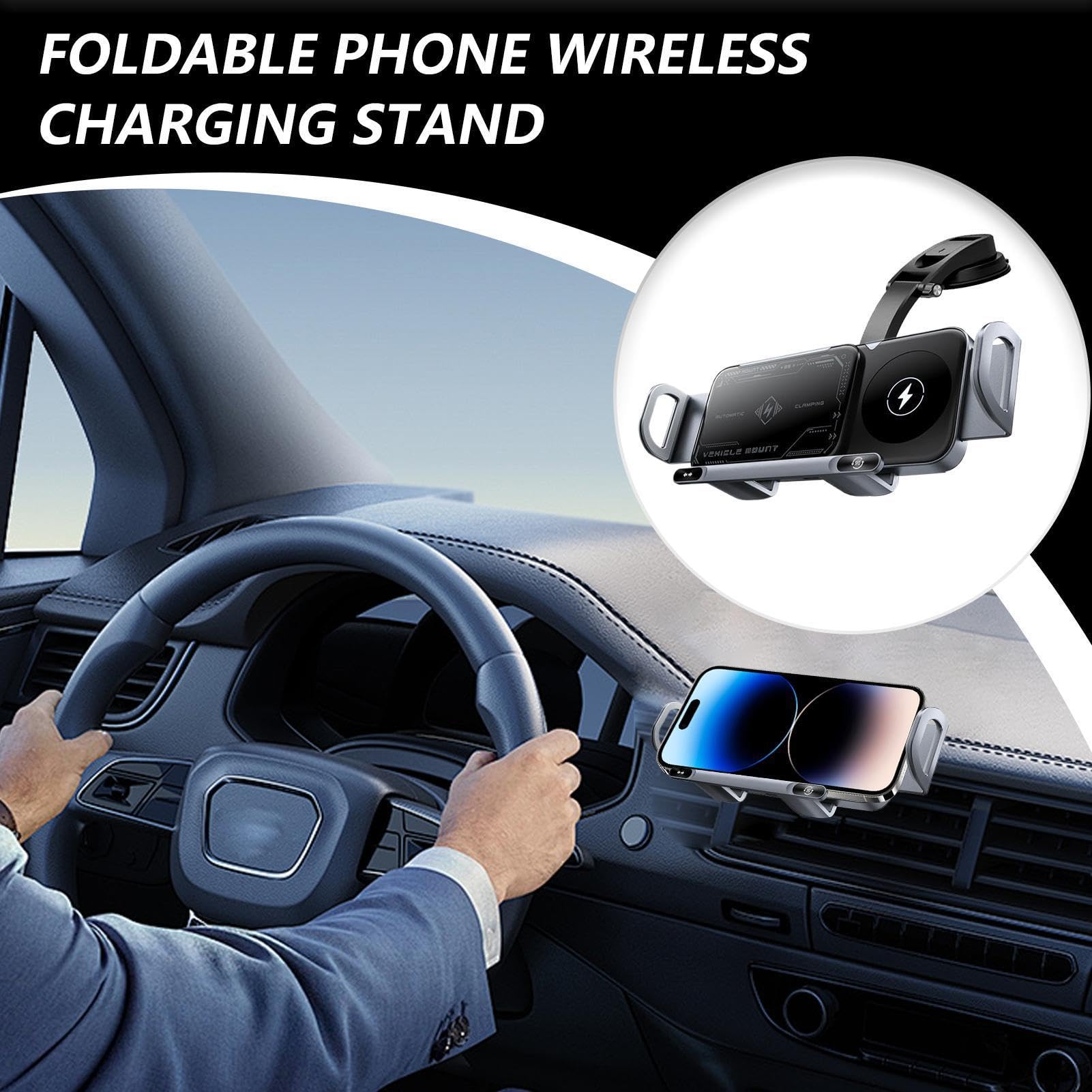 Generico Caricatore Wireless per Auto Porta Cellulare per Automobili | Supporto Smartphone Piegevole, Ricarica 15W Doppia Bobina per Auto