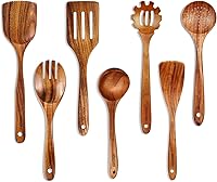 Vista 8 de Cucharas de madera para cocinar, utensilios de madera para cocinar, juego de utensilios de cocina de madera de teca natural, agarre cómodo