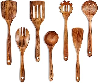 Wooden Spoons for Cooking, Wooden Utensils for Cooking Natural Teak Wooden Kitchen Utensils Set Comfort Grip (7 PCS SET)