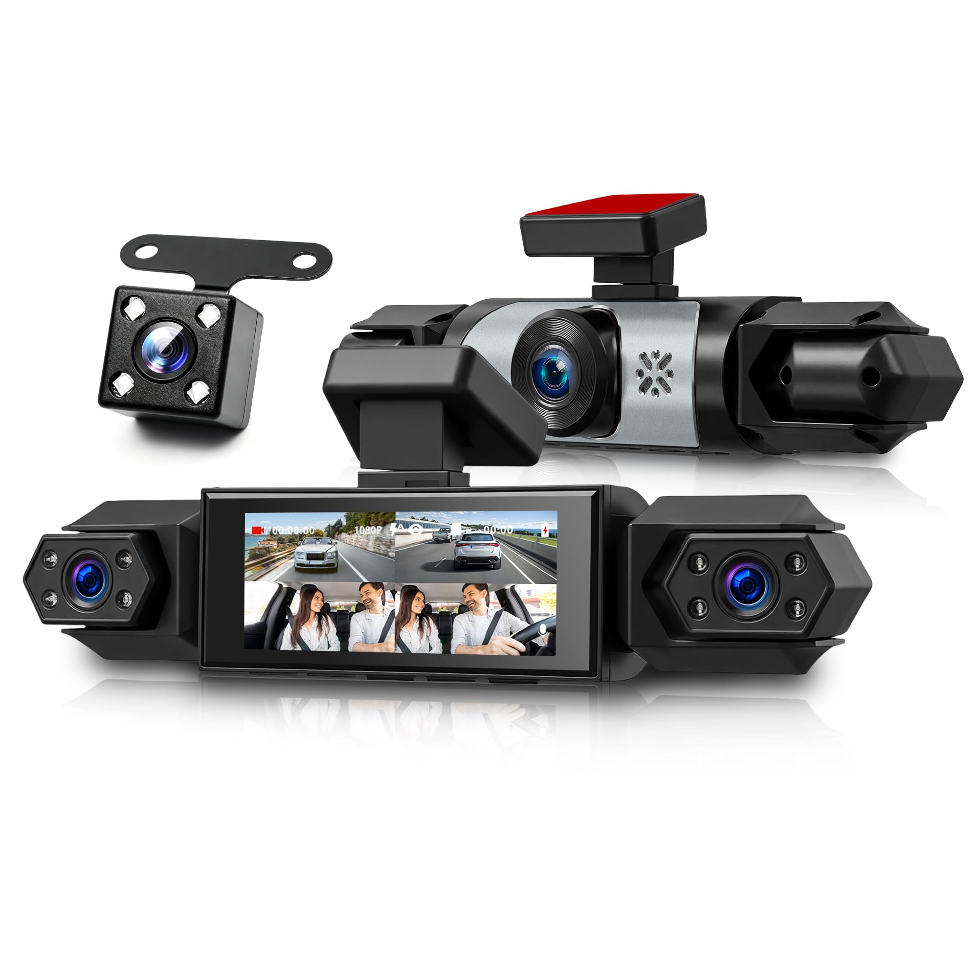 Rimoody 4 Canali 360° Dashcam Auto, 4 Telecamera HD 1080P Anteriore e Posteriore Sinistra Destra, 3.16 Pollici Schermo IPS Dash Cam con Visione Notturna 8 IR/Loop Video/24H Parcheggio Monitor