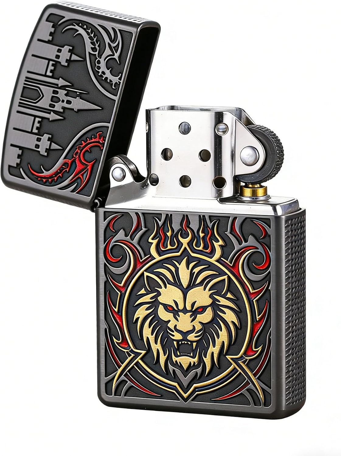 Vintage Lion Castle Carved Kerosene Lighter Reusable Wheel Grinding Flip Top Candle Lighter Outdoor Camping (A)