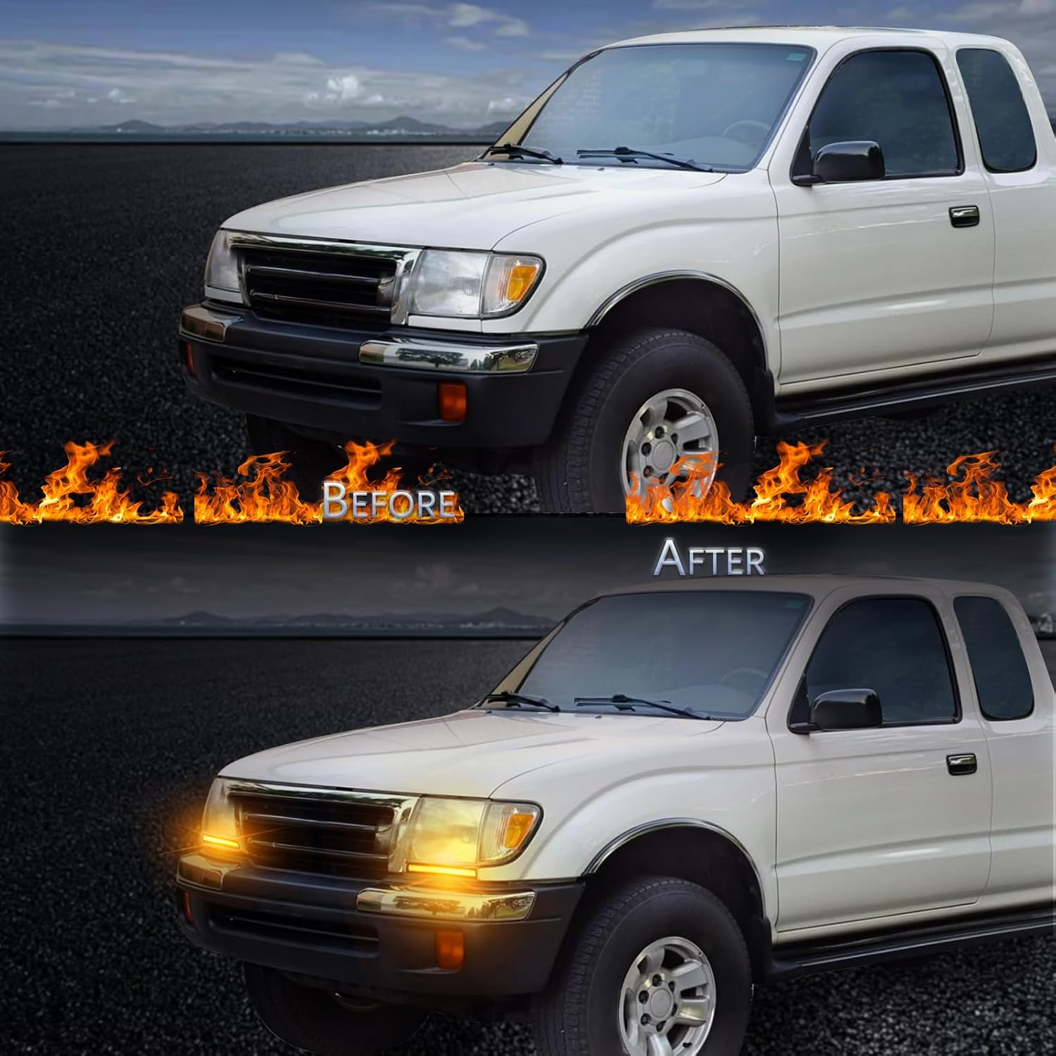 Switchback White/Amber LED Front Fog Side Marker Headlight DRL Sequential Turn Signal Light Compatible with Toyota Tacoma 1988-2000 Replacement Front Side Upper Bumper Filler Bracket