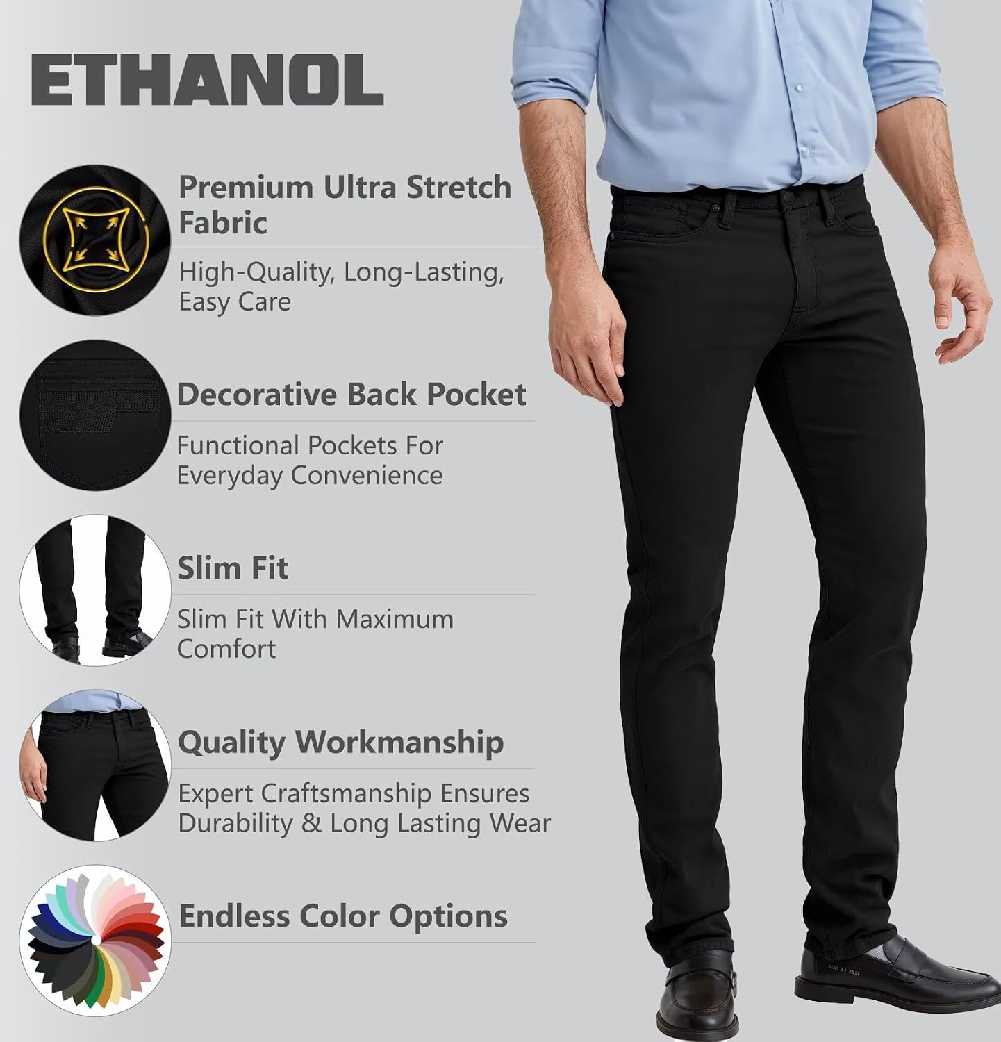 ETHANOL Mens Comfortable Stretch Trousers Slim Fit Straight Leg Stylish Design Pants