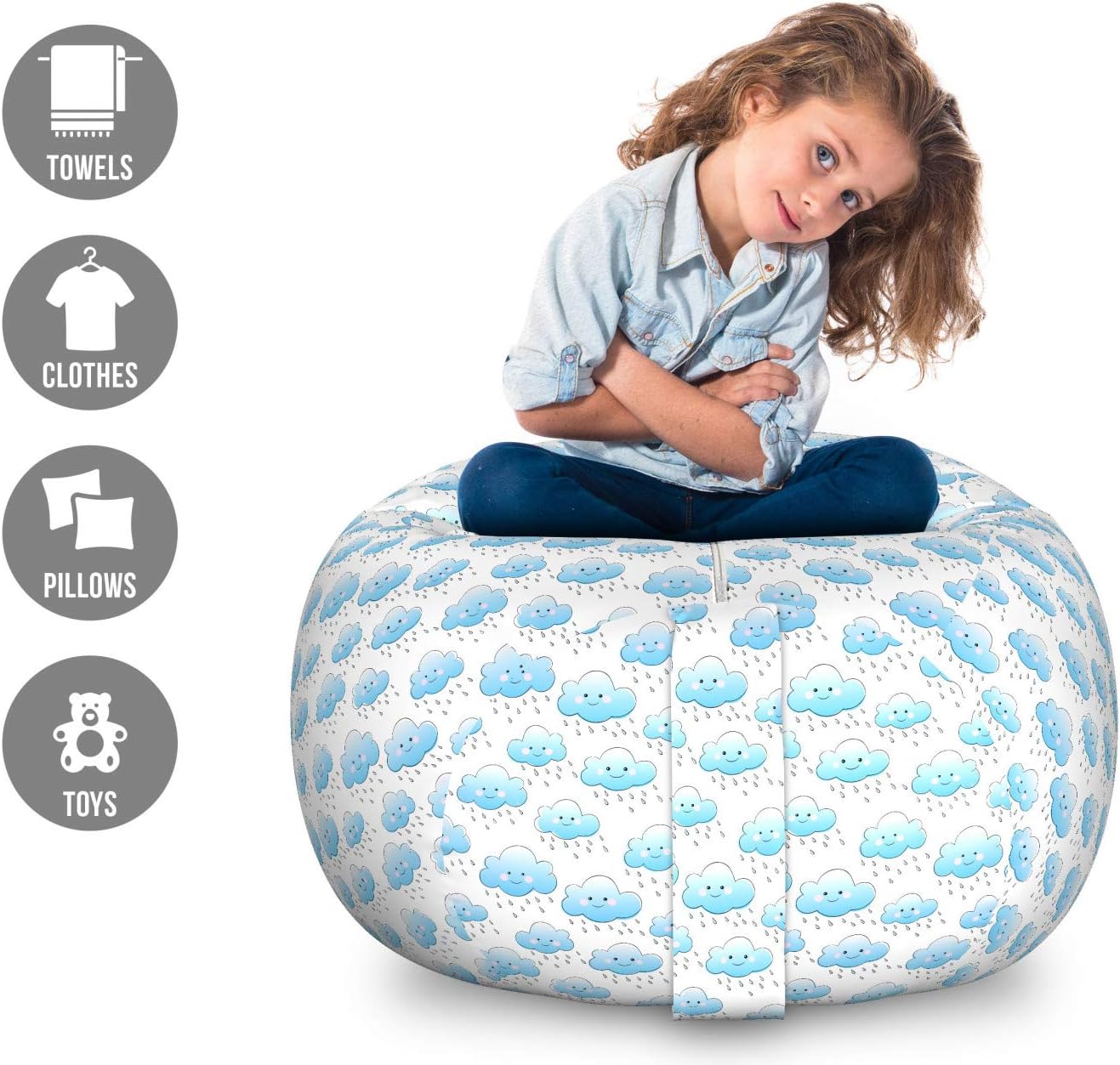 Ambesonne Cartoon Storage Toy Bag Chair, Happy Pattern with Smiling Rain Cloud and Drops, Stuffed Animal Organizer Washable Bag, Large Size, Sky Blue Purple
