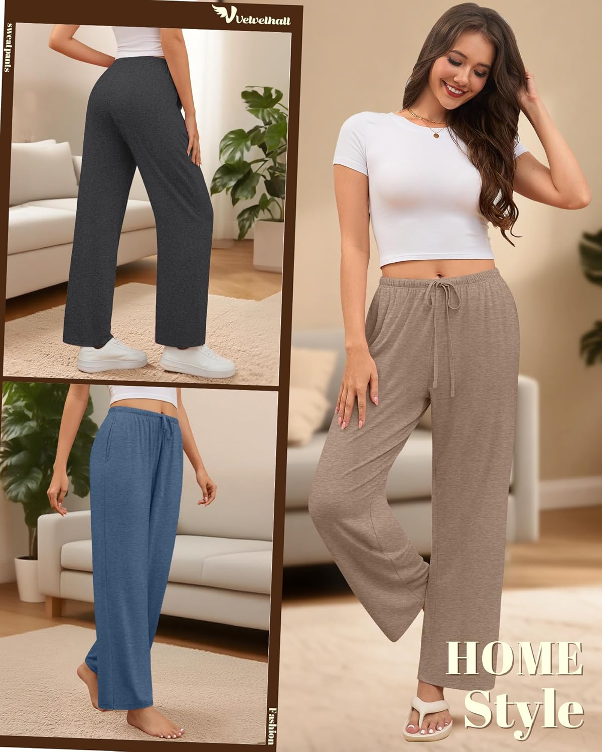 4 Pack Women's Lounge Pants Comfy Wide Leg Yoga Pant Drawstring Loose Baggy Sweatpants Open Bottom with Pockets - Image 6
