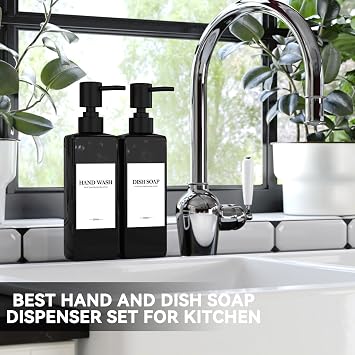 Set of 4 Plastic Shampoo Bottles for Filling, 500 ml Soap Dispenser Bottles Shampoo Dispenser Black Pump Dispenser with Funnel and Waterproof Labels for Kitchen Bathroom