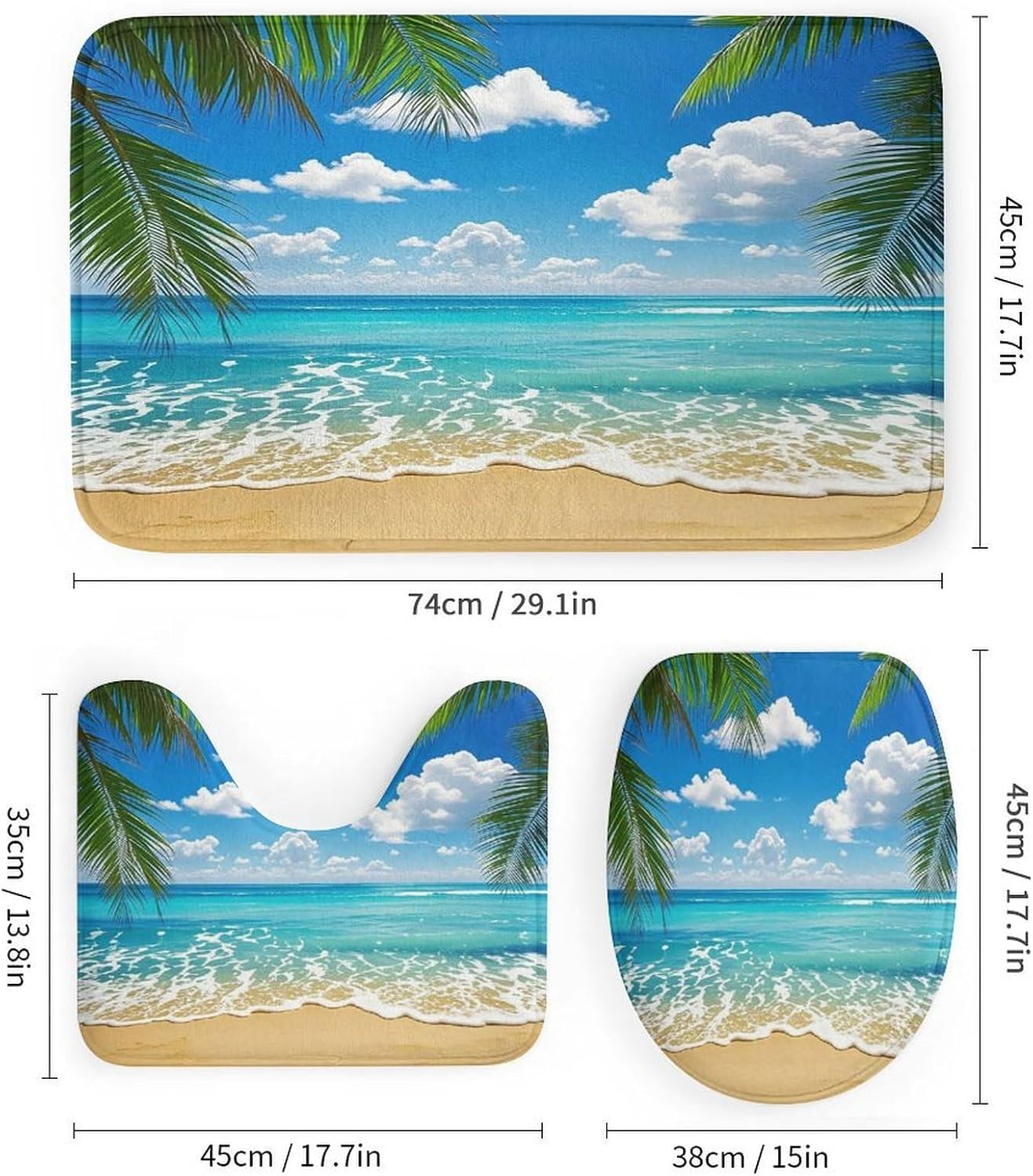 Hawaiian Beach Bathroom Rugs Sets 4 Piece | Shower curtain sets, non-slip absorbent soft flannel bath mat, u-shaped toilet mat & lid cover, bathroom decor accessories