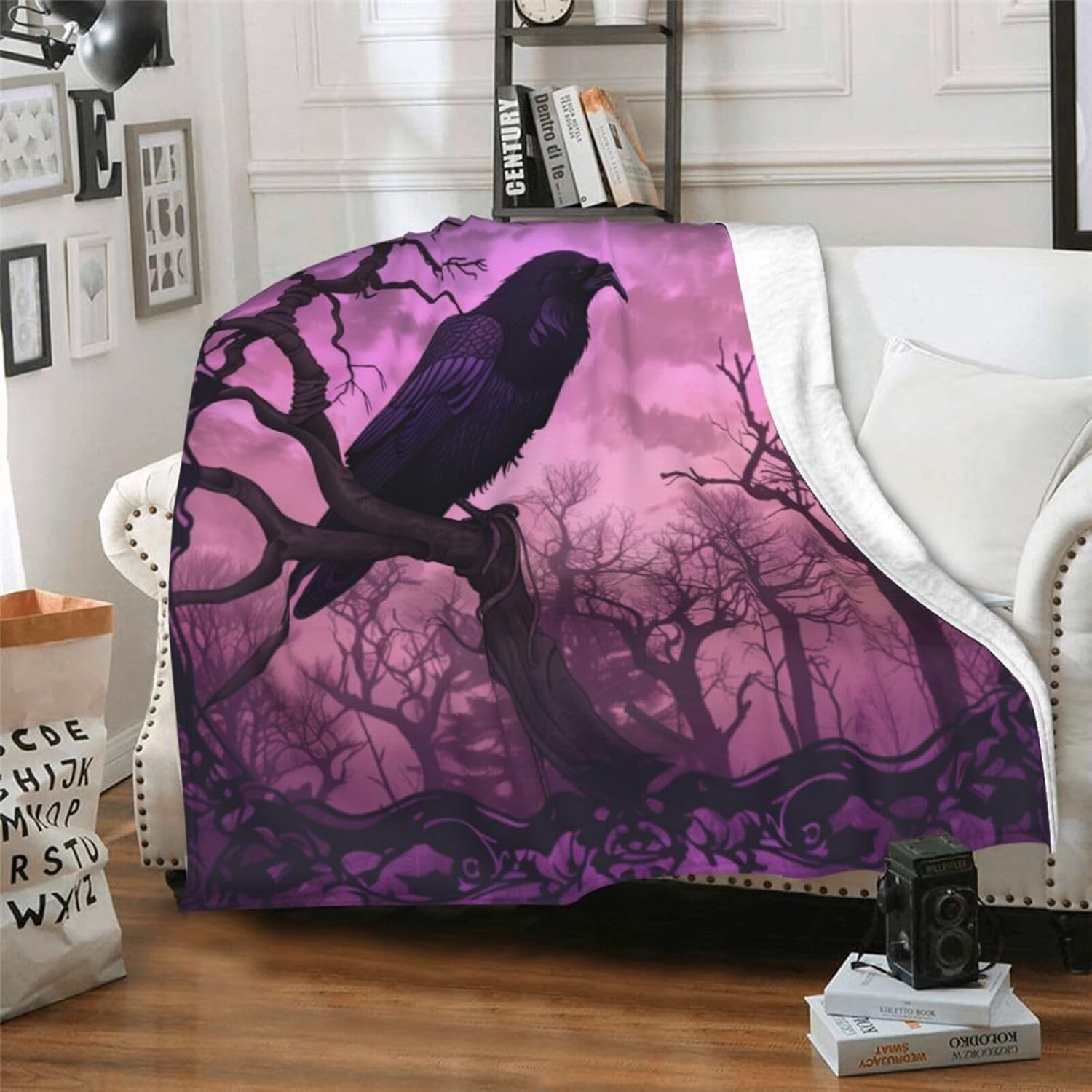 Gothic Raven Forest Blanket Gifts for Women Kids, Dark Purple Crow Theme Flannel Blankets, Warm Cozy Soft Throw for Bedroom, Camping, Couch, Decor 50x60 in - Image 3