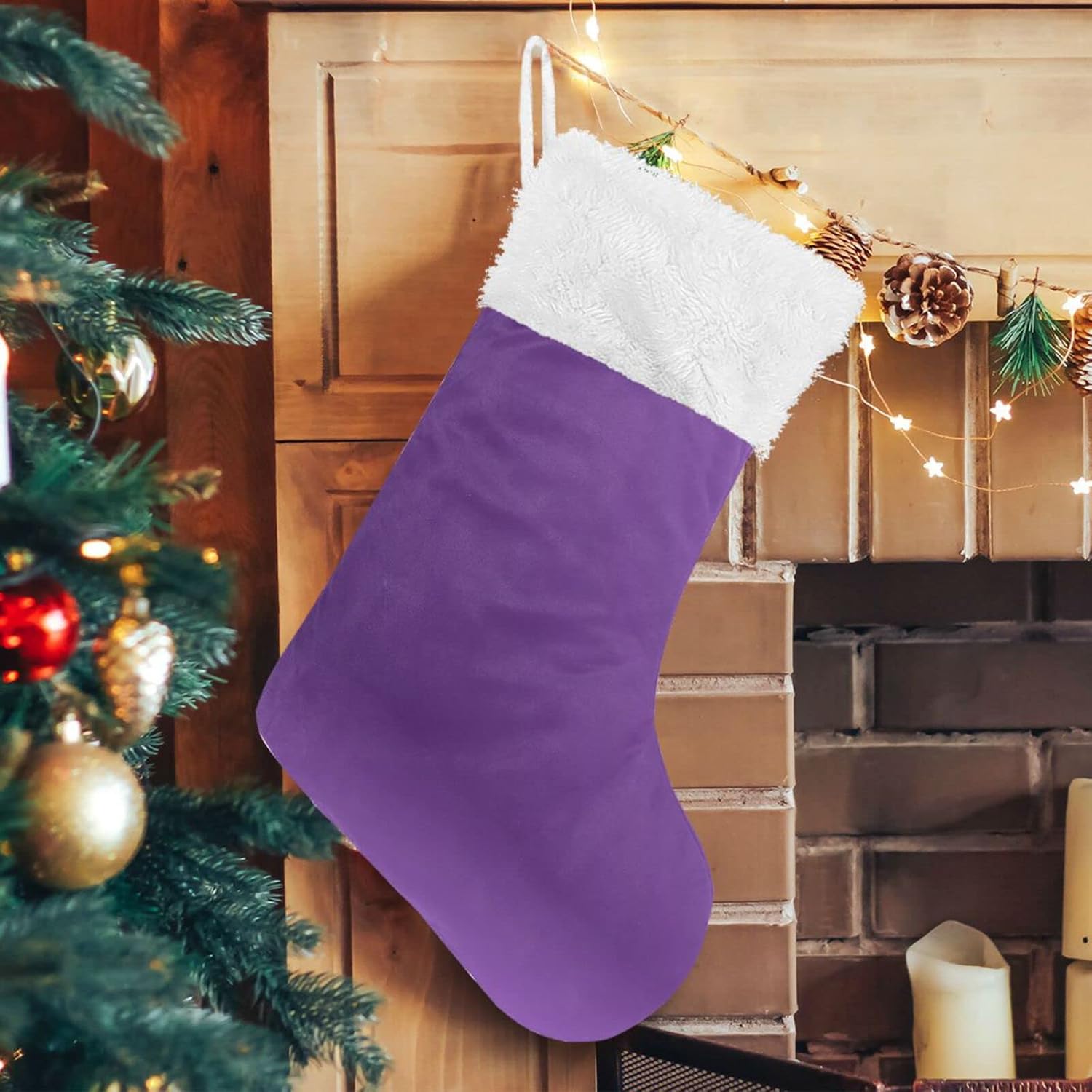 Purple Solid Color Christmas Stockings Set of 1, 18" Plush Cuff Xmas Hanging Stocking for Family Holiday Xmas Party Decorations - Image 5